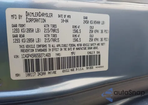 2005 Chrysler Town & Country из США, поврежденный, VIN 1C4GP45R65B271469